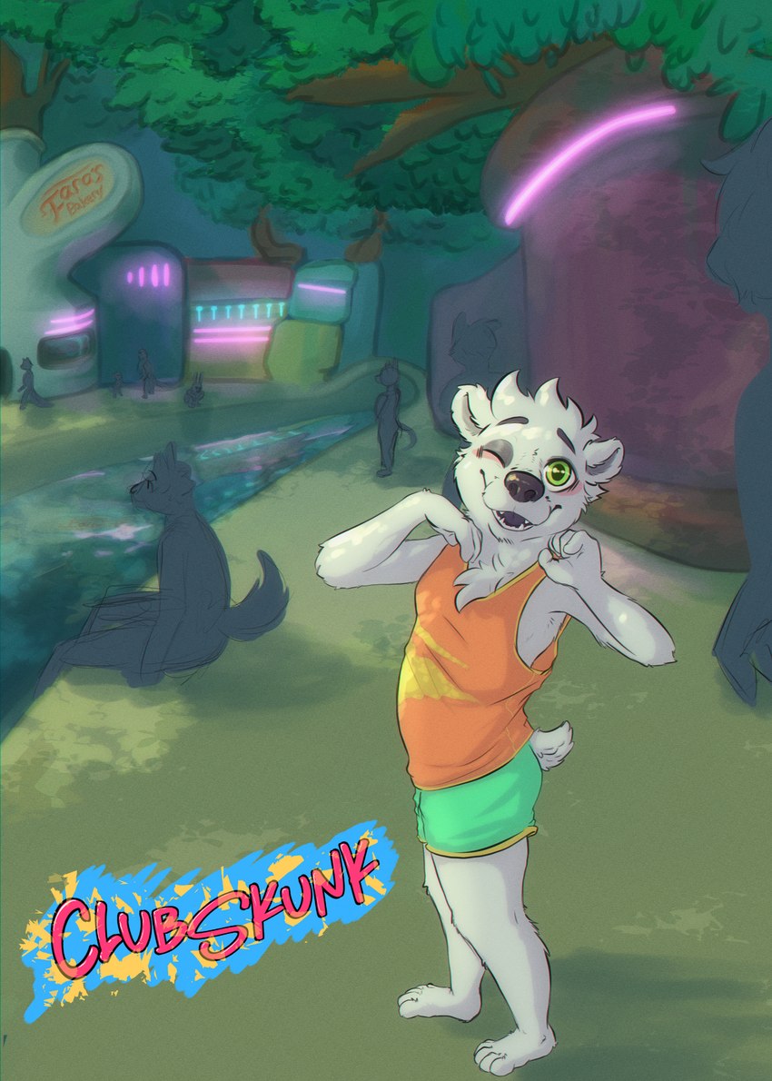 anthro bottomwear building clothing devi_(clubskunk) lights looking_at_viewer male outdoor_background perspective plant posing_for_picture shirt shoeless shorts tank_top topwear tree young young_anthro young_male clubskunk bear mammal polar_bear ursine absurd_res colored hi_res