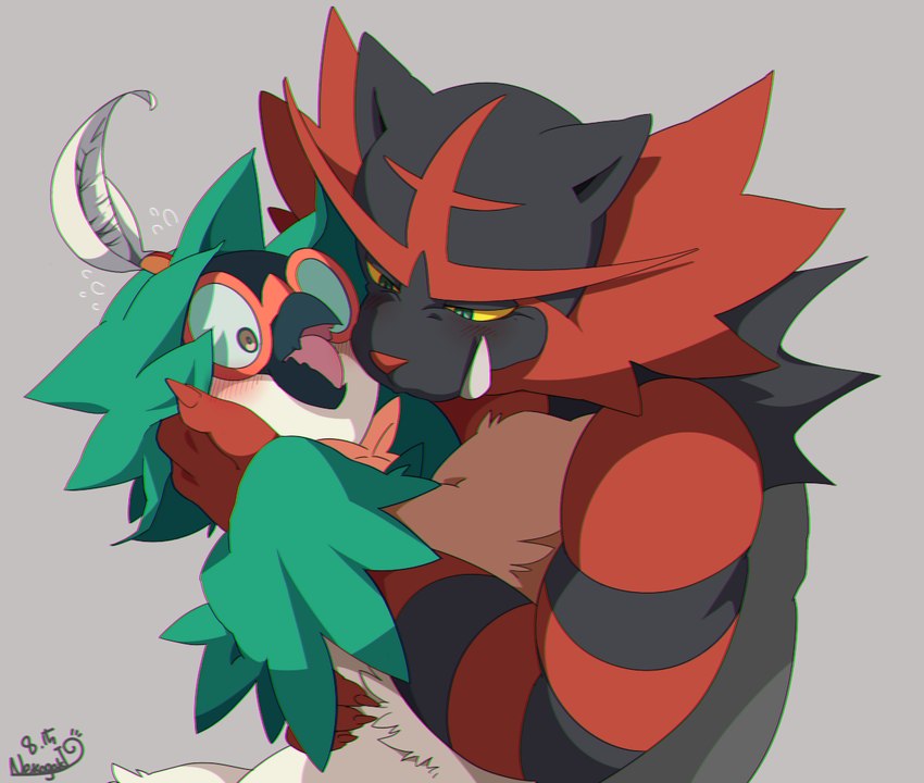 ambiguous/ambiguous ambiguous_gender anthro beak big_fangs blush duo fangs feathers fur green_body green_feathers hug nude open_mouth red_body red_fur teeth tongue nekogaki0324 nintendo pokemon avian decidueye felid generation_7_pokemon incineroar mammal pokemon_(species)