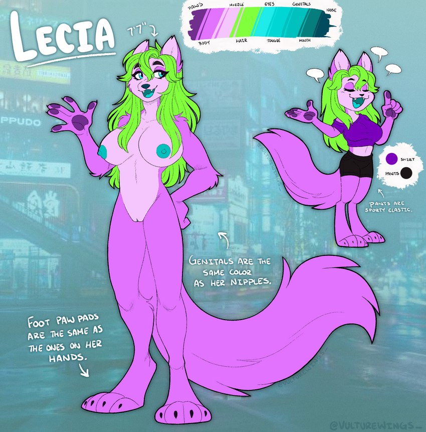 anthro blue_eyes blue_mouth blue_nipples blue_nose blue_tongue bottomwear clothing digitigrade female fur green_hair hair nipples purple_body purple_fur shirt shorts solo text tongue topwear vulturewings lecia cougar felid feline mammal pantherine english_text hi_res model_sheet