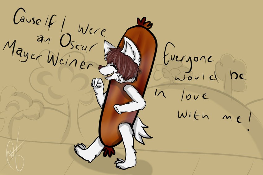 anthro barefoot brown_hair clothing costume feet food food_costume fur hair humor male meat sausage sausage_costume simple_background singing solo text walking white_body white_fur tenshipaw fuyu_graycen 2017 3:2 digital_media_(artwork) english_text signature