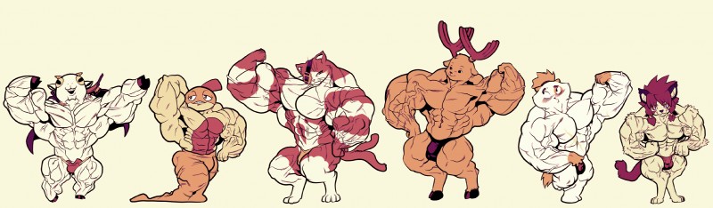 2_tails anthro antlers biceps big_muscles blush bulge clothed clothing flexing flexing_bicep flexing_muscles fur group horn huge_muscles male multi_tail muscular pecs pose simple_background tail thong topless underwear white_body white_fur furry_(artist) redsilver ankama arc_system_works asian_mythology blazblue cuticle_detective_inaba cyberconnect2 dofus dofus:_kerub's_bazaar east_asian_mythology japanese_mythology little_tail_bronx mythology nintendo one_piece pokemon solatorobo calua_napage don_valentino jubei_(blazblue) kerub_crepin tony_tony_chopper bovid caprine deer demigod ecaflip felid felineko generation_5_pokemon goat hybrid kaka_(blazblue) mammal nekomata new_world_deer pokemon_(species) reindeer scraggy yokai hi_res