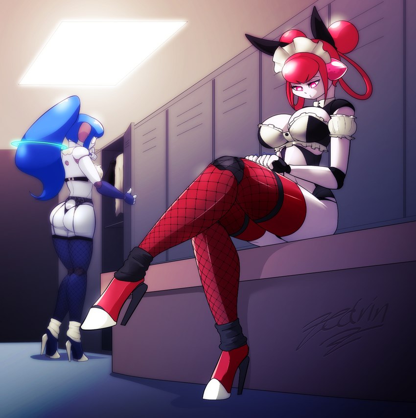 breasts butt cleavage clothed clothing duo female fishnet_clothing fishnet_legwear footwear high_heels legwear locker_room machine maid_uniform not_furry shoes thigh_highs thong underwear uniform zedrin pulse_(zedrin) humanoid robot robot_humanoid hi_res