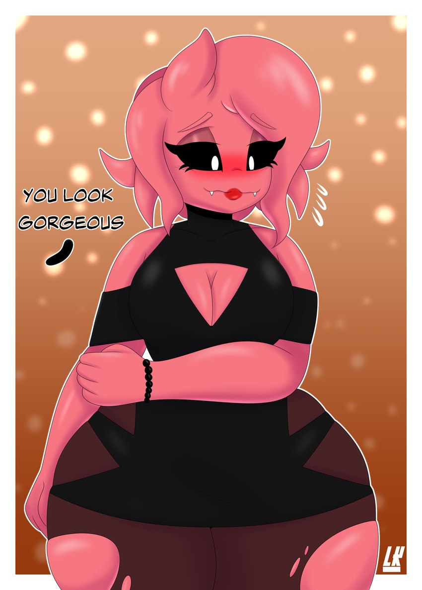 anthro baton black_clothing black_dress black_sclera blush breasts cleavage_cutout clothing curvy_figure cutout date dress duo female jewelry legwear pantyhose pink_body pseudo_hair shy simple_background solo tentacle_hair tentacles text thick_thighs lobokosmico acta_(spacewaifu) alien mammal 2021 absurd_res digital_drawing_(artwork) digital_media_(artwork) english_text hi_res shaded signature