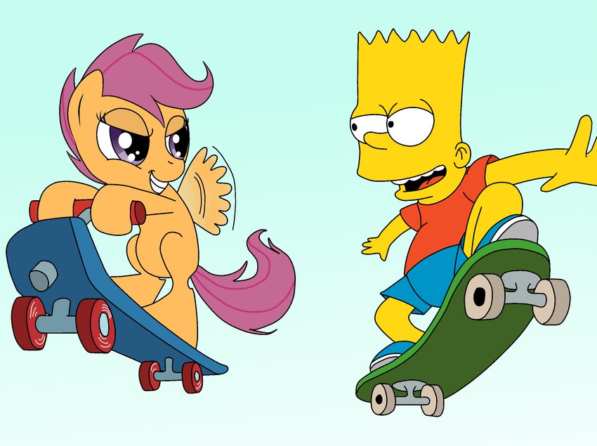 blue_clothing blue_footwear clothing duo female footwear hair male male/female purple_eyes purple_hair skateboard vehicle wings yellow_body yellow_skin flowersimh 20th_century_fox 20th_century_studios friendship_is_magic hasbro my_little_pony mythology the_simpsons bart_simpson scootaloo_(mlp) equid equine horse human mammal mythological_creature mythological_equine pegasus pony crossover hi_res