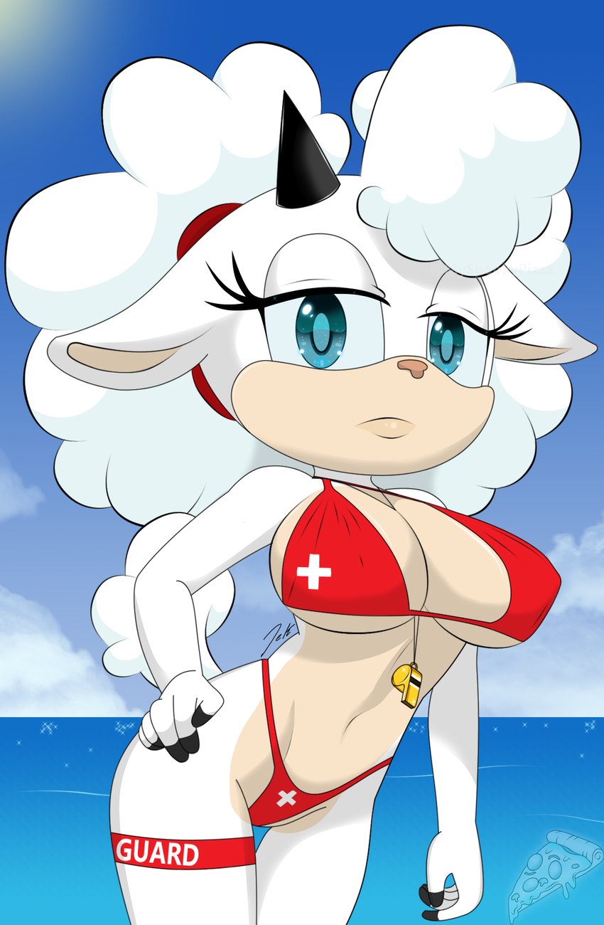 anthro big_breasts bikini breasts cleavage clothed clothing eyelashes female hand_on_hip horn lifeguard logo looking_at_viewer solo swimwear tail two-piece_swimsuit whistle_(object) myspookypizza idw_publishing sega sonic_the_hedgehog_(comics) sonic_the_hedgehog_(idw) sonic_the_hedgehog_(series) lanolin_the_sheep_(sonic) bovid caprine mammal sheep 2023 artist_logo hi_res