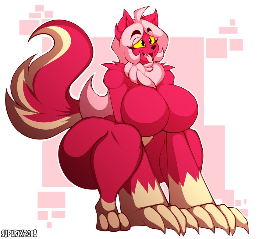 alternate_species anthro big_breasts big_hands breasts curvy_figure eyelashes fangs featureless_breasts feet female fingers fur hair hourglass_figure huge_breasts kneeling long_tail multicolored_body multicolored_fur nude pink_hair red_body red_fur simple_background simple_eyes smile solo tail tan_body tan_fur teeth thick_thighs toes tongue tongue_out two_tone_body two_tone_fur voluptuous wide_hips yellow_sclera superix kyoob_(thegentlebro) canid canine canis mammal wolf 2018 absurd_res artist_name digital_media_(artwork) hi_res