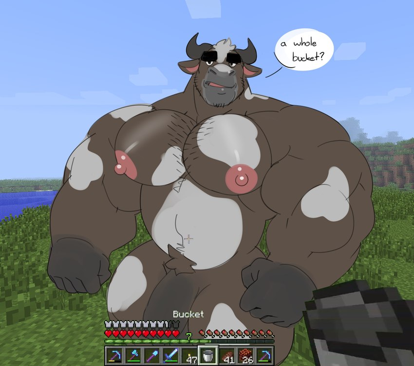 anthro barazoku biceps deltoids genitals male muscle_tone muscular muscular_anthro nipples nude nude_anthro pecs penis solo text dumbandgreen microsoft minecraft mojang xbox_game_studios bovid bovine cattle cow_(minecraft) mammal absurd_res english_text hi_res