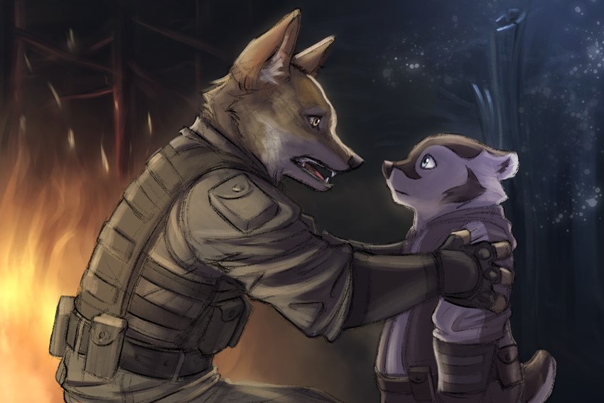 anthro arm_grab bulletproof_vest clothed clothing detailed_background duo eye_contact female looking_at_another male military military_uniform night outside side_view size_difference sniper soldier uniform warrior furrykxc keshenna_honina badger canid canine canis coyote mammal mustelid musteline 3:2 hi_res