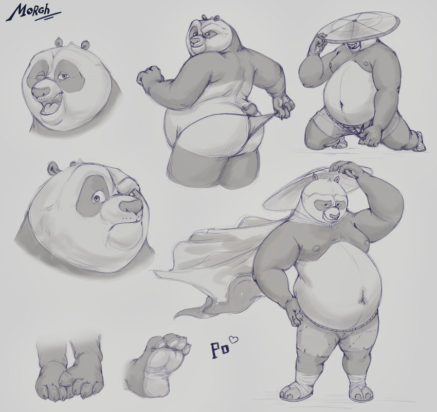 anthro asian_conical_hat balls belly butt cape clothing flaccid genitals hat headgear headwear male moobs navel nipples one_eye_closed overweight pawpads penis solo thong underwear wink themorghull dreamworks kung_fu_panda master_po_ping bear giant_panda mammal greyscale headshot_portrait hi_res monochrome multiple_images portrait