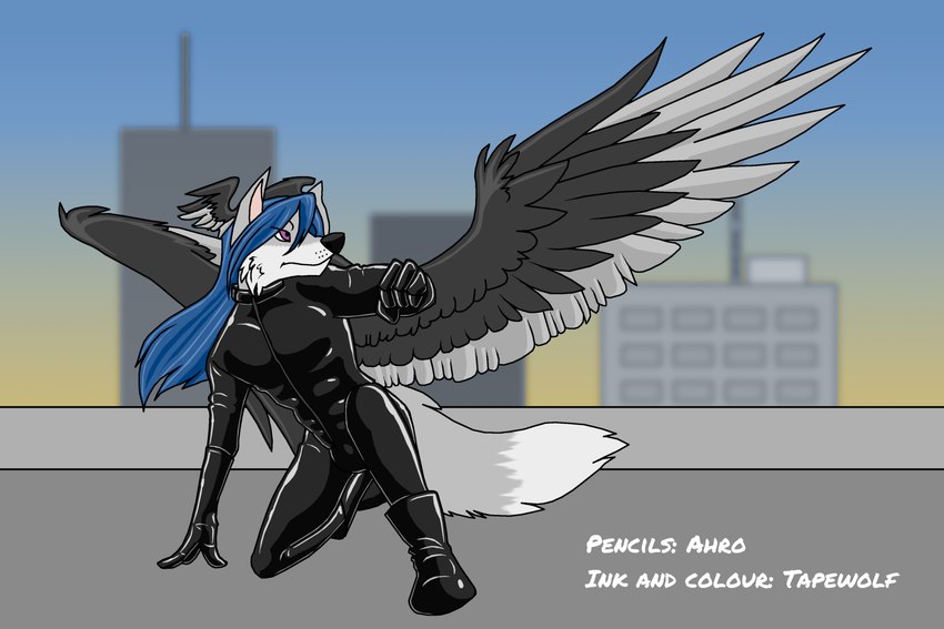 anthro back_wings black_body black_feathers black_latex black_nose blue_hair boots building bulge clothing day dipstick_tail feathered_wings feathers fist footwear fur glistening glistening_clothing gloves grey_body grey_feathers grey_fur hair hand_on_ground handwear head_wings kneeling latex latex_clothing latex_gloves latex_handwear latex_skinsuit long_hair looking_forward male markings outside purple_eyes rubber_clothing shoes skinsuit sky solo spread_wings superhero_landing tail tail_markings tight_clothing unusual_wing_placement white_body white_fur wings ahro tapewolf project_future daryil_(tapewolf) canid canine cubi_(race) demon fox mammal 2022 3:2 hi_res signature