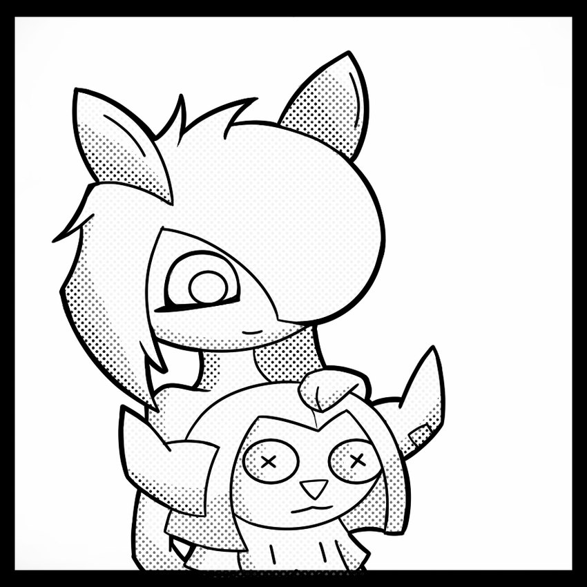 2_fingers black_border border cowlick female fingers hair hair_over_eye holding_object holding_plushie not_furry one_eye_obstructed plushie short_hair simple_background smile solo text white_background malegardevoir nintendo pokemon generation_3_pokemon humanoid kirlia pokemon_(species) 1:1 2022 english_text line_art monochrome