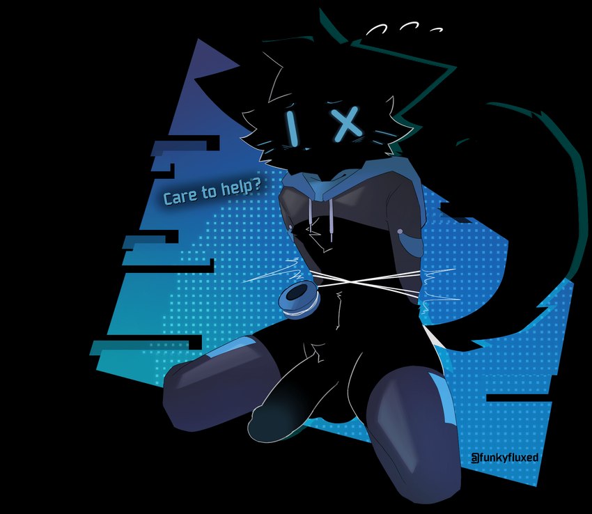 anthro arms_tied balls big_penis black_body black_fur black_tail blue_background bottomless bound chest_tuft clothed clothing cropped_hoodie crotch_tuft fur genitals humanoid_genitalia humanoid_penis kneeling legwear looking_at_viewer male navel penis simple_background solo tail talking_to_viewer text thigh_highs transparent_background tuft yo-yo exyli ix_(baronflint) domestic_cat felid feline felis mammal alpha_channel english_text hi_res