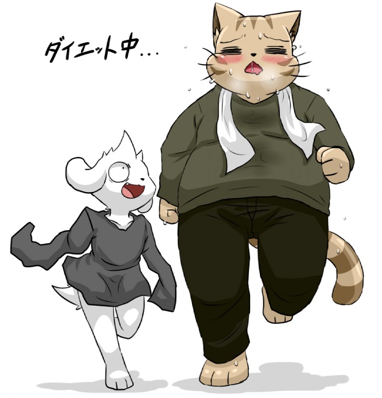 anthro blush bodily_fluids clothed clothing duo exercise jogging long_sleeves male one_eye_closed open_mouth open_smile slightly_chubby smile sweat enigi09 kainushi-san sue-kun canid canine canis domestic_cat domestic_dog felid feline felis mammal 2019 digital_media_(artwork)