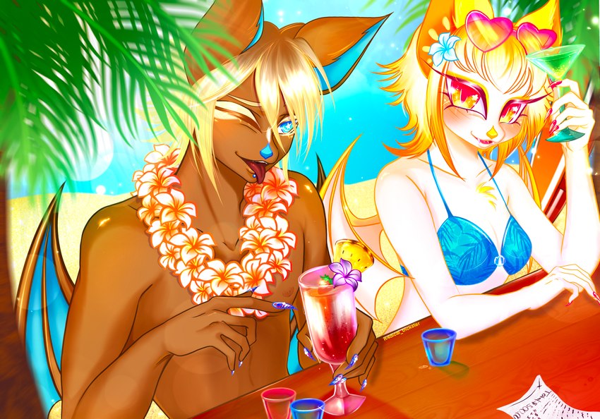 alternative_fashion anthro beach beverage clothing duo female gyaru j-fashion male male/female swimwear tropical r4dical_trickster garuo bat mammal hi_res