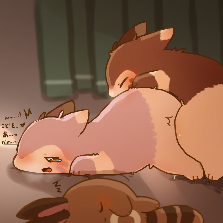 ambiguous_gender blush bodily_fluids brown_body brown_fur crying eyes_closed fur group kemono male male/ambiguous pink_body pink_fur sex sleeping tears text ke_mo_suke nintendo pokemon furret generation_2_pokemon pokemon_(species) sentret 1:1 2020 hi_res japanese_text translation_request