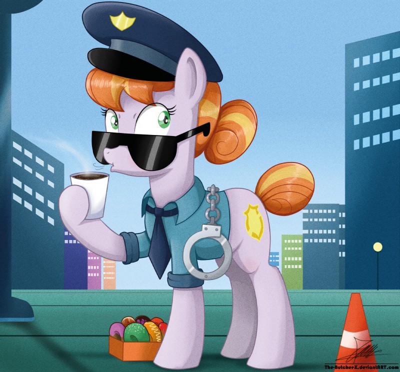 beverage city clothed clothing coffee cuff_(restraint) cutie_mark dessert doughnut eyewear female feral food green_eyes hair handcuffs hooves metal_cuffs outside pastry police restraints shackles solo sunglasses the-butcher-x friendship_is_magic hasbro my_little_pony copper_top_(mlp) earth_pony equid equine horse mammal pony 2016 hi_res