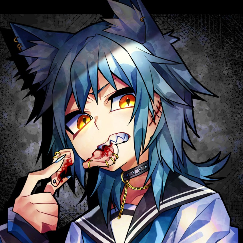 4_ears ambiguous_gender autocannibalism bite blood bodily_fluids clothed clothing collar colored_nails ear_piercing eating grey_background grey_hair hair inner_ear_fluff looking_at_viewer multi_ear mutilation nails piercing pupils scar school_uniform sharp_teeth simple_background slit_pupils solo stitch_(sewing) teeth tuft uniform yellow_eyes senmu0107 animal_humanoid canid canid_humanoid canine canine_humanoid humanoid mammal mammal_humanoid wolf_humanoid 1:1 bust_portrait portrait