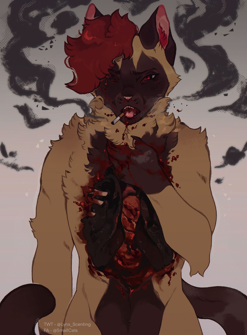 anthro black_insides blood blood_from_eye blood_from_mouth blood_in_mouth bodily_fluids body_horror broken_rib brown_body brown_fur cigarette cigarette_in_mouth cigarette_smoke cough coughing_blood eye_injury fur gore hair hand_on_chest highlights_(coloring) hole_in_chest ill insides lung male missing_eye nosebleed object_in_mouth organs pain red_eyes red_hair ribs smoke smoking smoking_cigarette solo violence lynx_scenting animal_humanoid burmese_cat domestic_cat felid felid_humanoid feline feline_humanoid felis humanoid mammal mammal_humanoid siamese hi_res