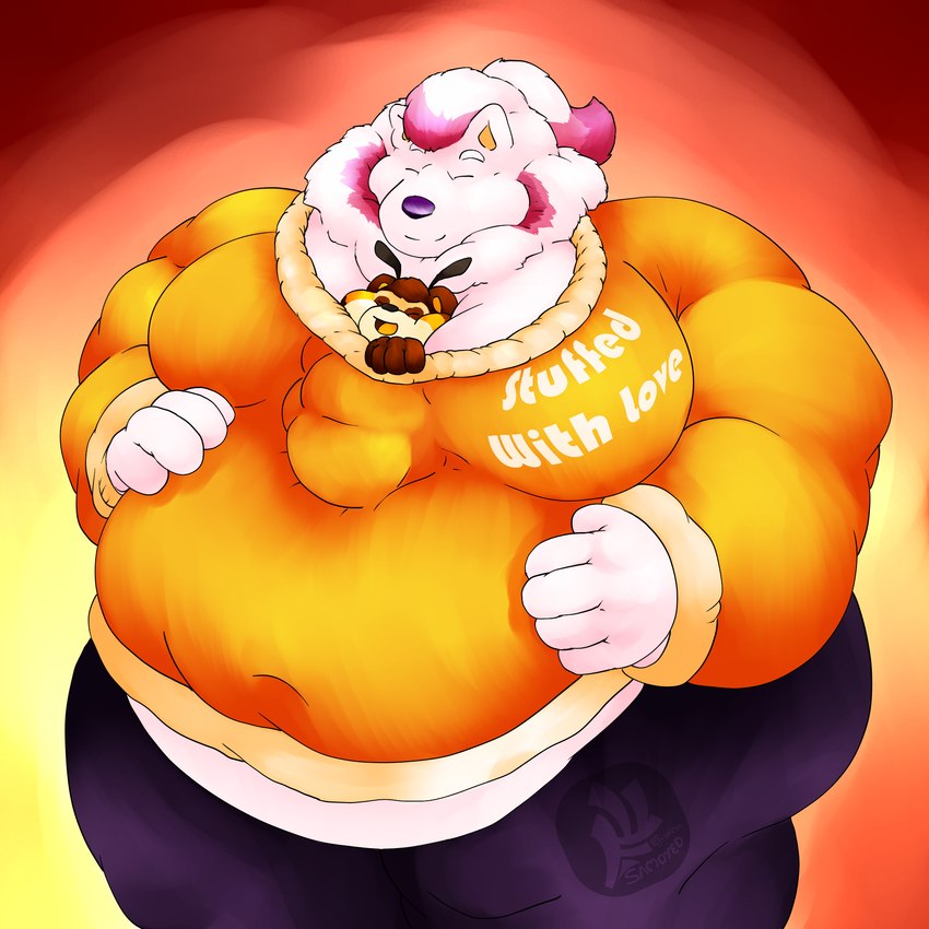 antennae_(anatomy) anthro belly between_breasts between_moobs bottomwear breasts carrying_another clothed clothing comfortable cuddling duo eyes_closed fur hair head_between_moobs highlights_(coloring) hug hyper larger_male lying male male/male micro moobs navel obese obese_anthro obese_male overweight overweight_anthro overweight_male pants ponytail sharing_clothing simple_background size_difference sleeping smaller_male smile sweater sweater_hug text text_on_clothing topwear white_body wings yellow_body yoga_pants fujiyama_samoyed_(artist) bumble_beans(fujiyamasamoyed) fujiyama_kenhaku arthropod bee canid canine canis domestic_dog hybrid hymenopteran insect mammal nordic_sled_dog raccoon_dog samoyed spitz tanuki 1:1 digital_media_(artwork) hi_res shaded soft_shading warm_colors