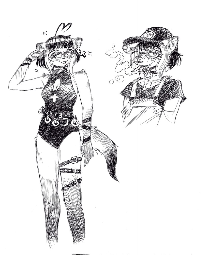 ahoge anthro belt blunt blush cleavage_cutout clothing collar cross cross_ear_piercing cross_ear_ring cross_piercing cutout eyewear female glasses hair hat headgear headwear heart_ahoge multiple_belts multiple_cigarettes object_in_mouth one_eye_closed overalls piercing round_glasses shirt smile smoke smoking solo t-shirt topwear wearing_glasses wink wristband bonnie_guerra species_request absurd_res hi_res