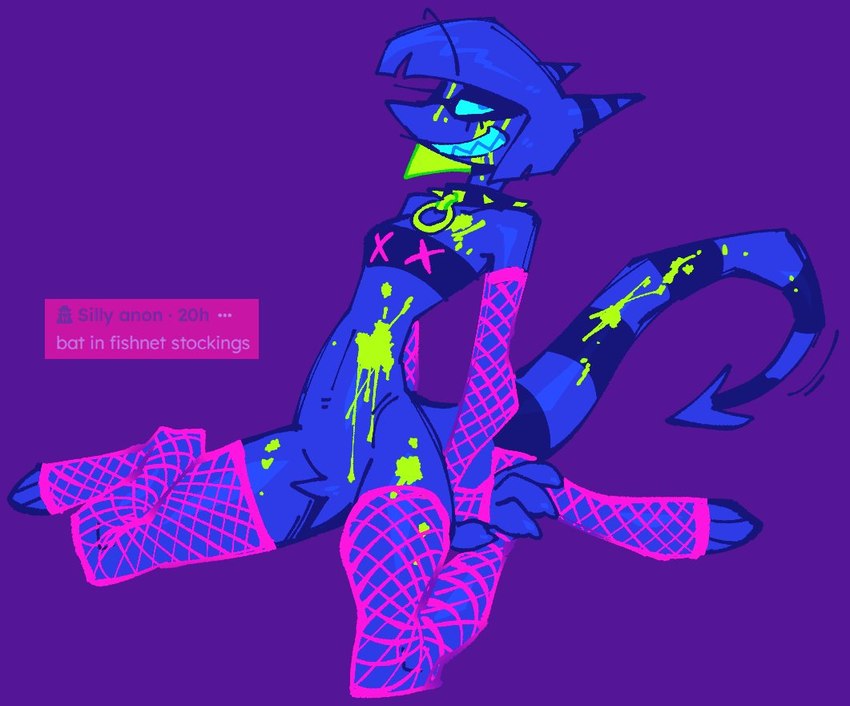 anthro armwear blacklight blue_body bob_cut bottomless breasts bright_colors clothed clothing collar crotch_tuft digitigrade featureless_crotch female fishnet_armwear fishnet_clothing fishnet_gloves fishnet_handwear fishnet_legwear fishnet_thigh_highs flat_chested gloves green_liquid green_paint grin hair handwear horn kneeling legwear liquid markings neon paint purple_background short_hair simple_background skinny small_breasts small_waist smile solo spade_tail spiked_collar spikes striped_horn striped_markings striped_tail stripes tail tail_markings text text_box thigh_highs topwear tube_top tuft btascandalist bat_(btascandalist) imp english_text nonbinary_(lore)