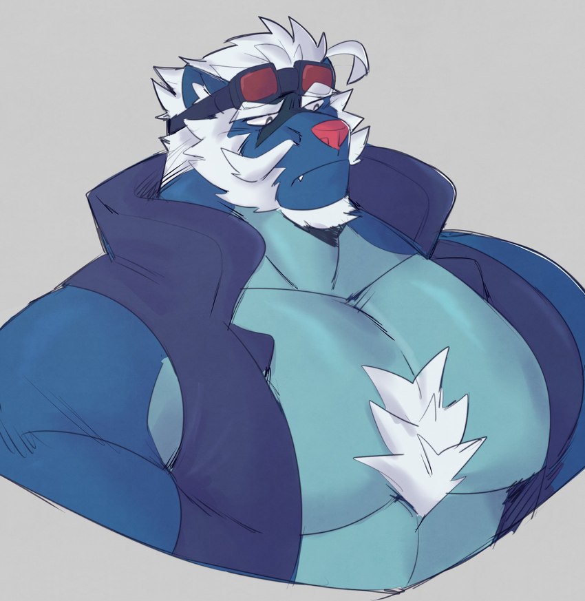 anthro big_pecs black_eyes blue_arms blue_body blue_countershading blue_ears blue_neck chest_tuft countershade_torso countershading cute_fangs eyebrows eyewear eyewear_on_head facial_hair fangs featureless_chest goggles goggles_on_head hair inner_ear_fluff looking_down male mustache pecs pink_nose sharp_teeth simple_background snaggle_tooth solo teeth thick_eyebrows tuft white_chest_hair white_eyebrows white_facial_hair white_hair white_inner_ear_fluff white_mustache castrodour nintendo pokemon ryoma_(castrodour) generation_8_pokemon hisuian_form hisuian_samurott pokemon_(species) regional_form_(pokemon) 2024 digital_drawing_(artwork) digital_media_(artwork) half-length_portrait hi_res portrait