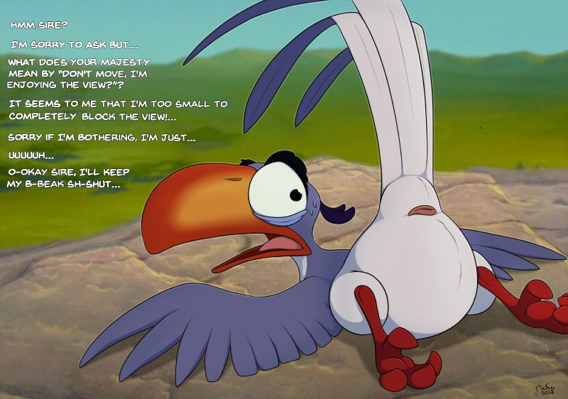 3_toes animal_genitalia ass_up avian_butt avian_feet beak cloaca detailed_background dialogue exposed feathered_wings feathers feet feral genitals looking_back lying male open_mouth scenic_view soles solo spread_legs spreading submissive submissive_male talons text toes wings mcfan disney the_lion_king zazu_(the_lion_king) avian bird bucerotiform hornbill red-billed_hornbill english_text hi_res