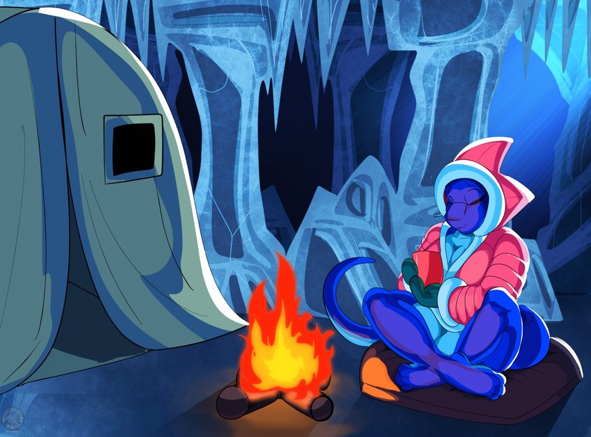 3_toes anthro beverage blue_body blue_scales blue_skin bottomless breasts campfire cave cavern clothed clothing coat coat_only container crossed_legs cup dark eyes_closed feet fire flaccid frozen genitals gynomorph handwear ice ice_cave ineffective_clothing intersex jacket jacket_only mittens mug non-mammal_breasts outside parka penis pillow scales scutes smile solo tail tea tent toes topwear topwear_only wood justathereptile june_(justathereptile) komodo_dragon lizard monitor_lizard reptile scalie 2018 watermark herm_(lore)