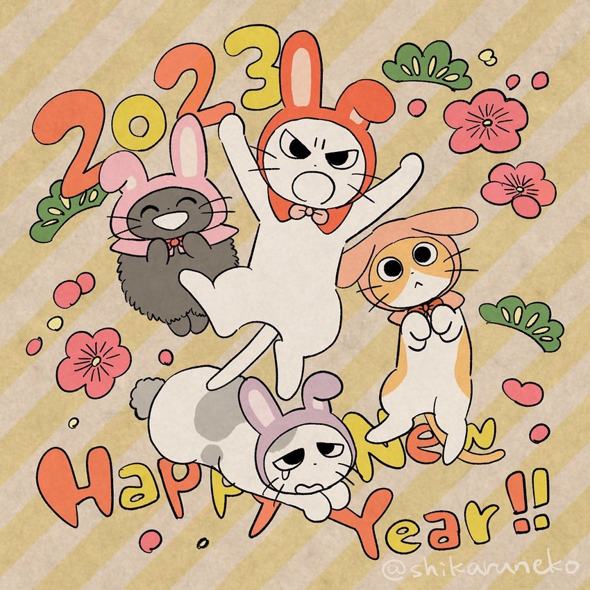 ambiguous_gender feral group holidays text mojacookie chinese_zodiac new_year shikaruneko_(series) year_of_the_rabbit amayakasuneko nagameruneko shikaruneko domestic_cat felid feline felis mammal 1:1 english_text hi_res official_art