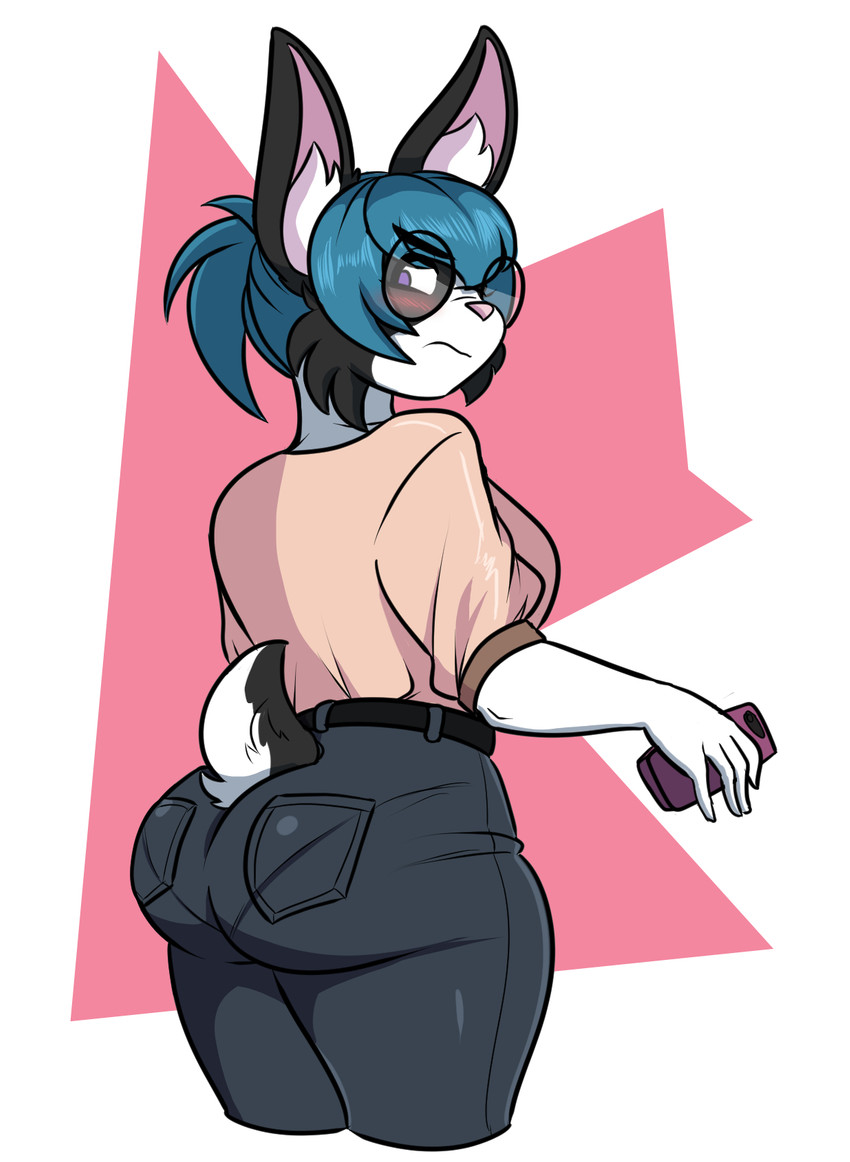 anthro blush butt clothing eyewear female glasses hair panty_lines solo jwinkz crystal_(jwinkz) lagomorph leporid mammal rabbit hi_res