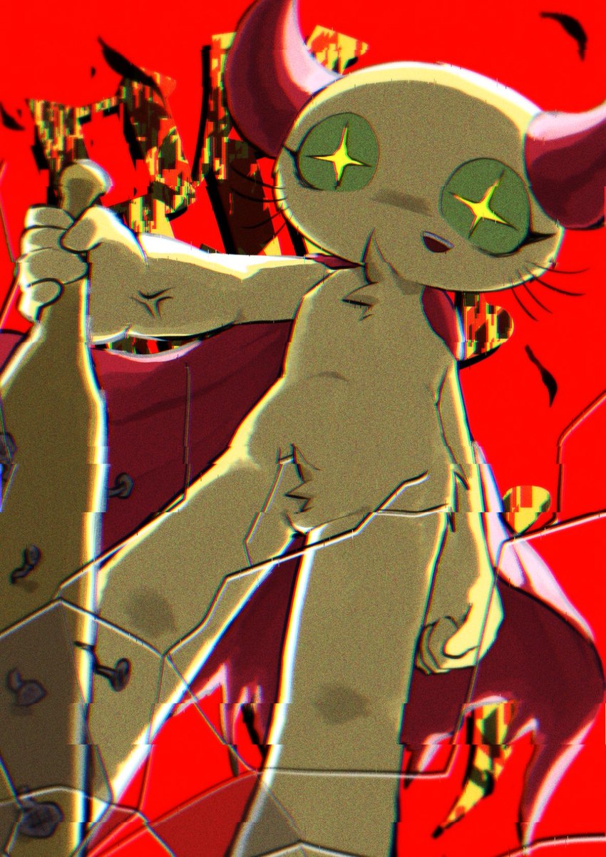 baseball_bat bat_(object) broken_screen cape clothing female fur green_sclera holding_bat horn red_background red_cape red_clothing red_horn simple_background solo yellow_body yellow_fur aiue1o4 neko_no_teach-kun oyasaioni9 ori_(neko_no_teach-kun) demon hi_res unavailable_at_source