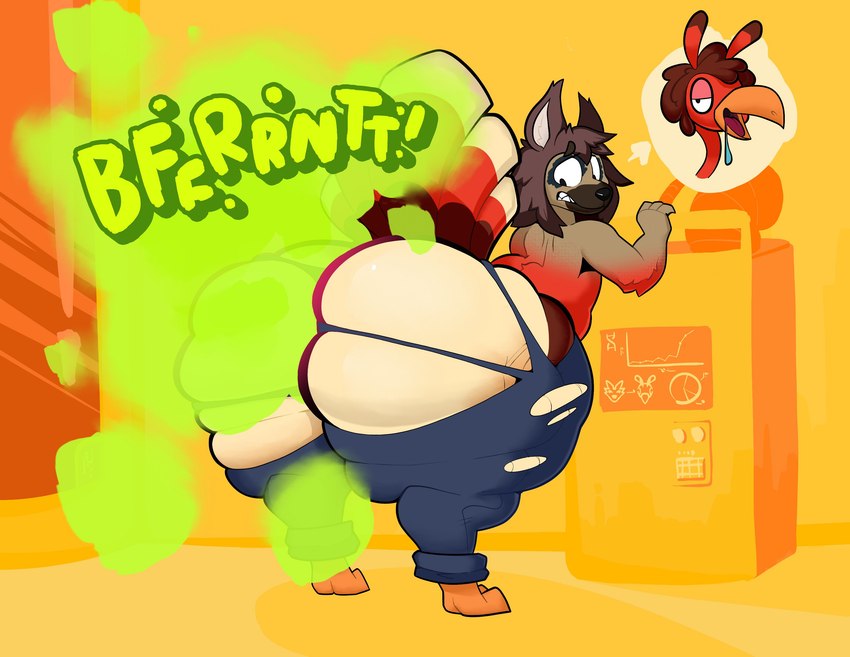 anthro bent_over big_butt bodily_fluids butt clothing digitigrade drooling fart fart_fetish feral huge_butt leaning leaning_forward looking_back nervous saliva solo thick_thighs torn_clothing transformation wide_hips ruben_sling miitopia twerkey avian bird galliform phasianid turkey absurd_res hi_res