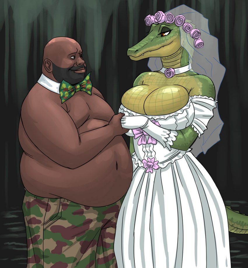 anthro bald beard big_breasts bow_tie breasts bride camo choker cleavage clothed clothing dark_body dark_skin dress eye_contact facial_hair female flower flower_crown gloves green_body green_scales groom half-closed_eyes hand_holding handwear huge_breasts human_on_anthro interspecies jewelry looking_at_another male male/female male_human narrowed_eyes necklace non-mammal_breasts obese obese_human obese_male orange_eyes overweight overweight_human overweight_male plant scales smile swamp topless topless_male wedding wedding_dress wedding_veil yellow_body yellow_scales flick-the-thief alligator_kick_(meme) gumbo_slice alligator alligatorid crocodilian human mammal reptile scalie 2023 hi_res meme