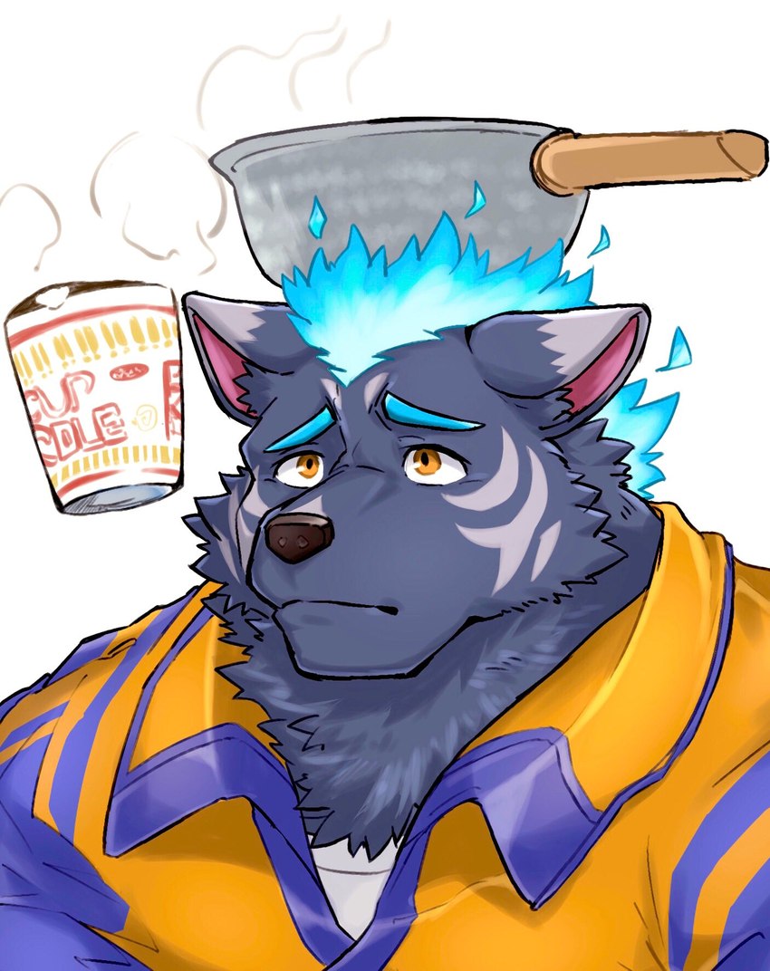 anthro blue_fire colored_fire convenient_power cooking cooking_pot cooking_with_body fire flaming_hair flaming_mane food humor instant_noodles male noodles pseudo_hair pseudo_mane ramen aidemcc cup_noodles lifewonders live_a_hero nissin furlong_(live_a_hero) hyena mammal hi_res