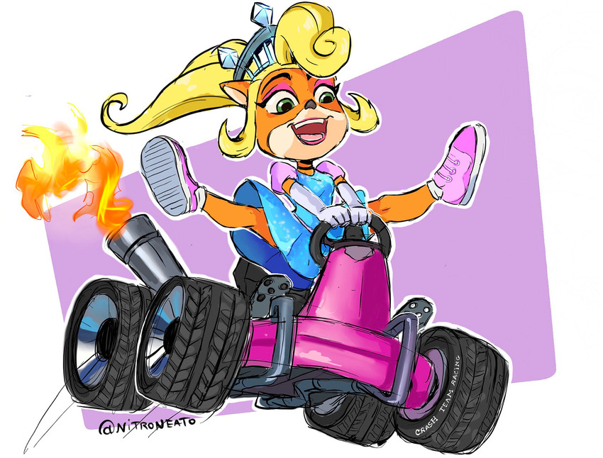 anthro blonde_hair cart clothing crown eyeshadow female fire footwear green_eyes hair headgear kart lipstick long_hair makeup open_mouth open_smile ponytail smile solo spread_legs spreading vehicle nitroneato activision crash_bandicoot_(series) coco_bandicoot bandicoot mammal marsupial 2019 hi_res signature