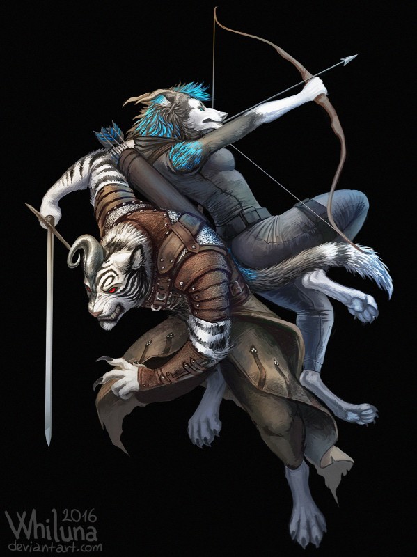 action_pose armor arrow_(weapon) battle blue_body blue_fur bow_(weapon) bracers chainmail cloak clothing duo female fur grey_body grey_fur male melee_weapon pose quiver_(object) ranged_weapon sword weapon white_body white_fur whiluna canid canine canis felid hybrid mammal pantherine tiger wolf hi_res