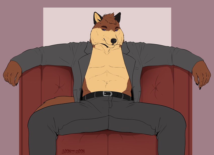 anthro belt blazer clothed clothing dress_pants fur lounging male multicolored_body multicolored_fur muscular muscular_male open_clothing solo treebarkdragon canid canine fox mammal absurd_res hi_res