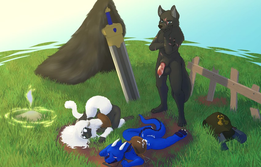 after_sex animal_genitalia animal_penis anthro armor balls big_balls black_body black_fur black_scales blue_body blue_eyes blue_scales bodily_fluids butt canine_genitalia canine_penis claws cum cum_on_butt cum_on_penis cum_on_tail fence fluffy fluffy_tail fur fur_cloak genital_fluids genitals greatsword group hair horn knot knot_in_sheath large_weapon long_hair looking_back looking_down looking_pleasured male male/male melee_weapon nude outside pawpads penis presenting presenting_hindquarters red_eyes reins saddle scales scar scars_all_over sheath size_difference sky sword tail trio waiting weapon white_hair peppercorn_kiddo elden_ring fromsoftware mythology blaidd_(elden_ring) madalovin bovid canid canine canis caprine dragon hybrid mammal mythological_creature mythological_scalie scalie sheep wolf hi_res source_request