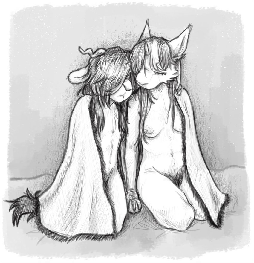 anthro bedding blanket body_hair breasts butt duo female genitals hair hair_over_eyes hairy hairy_pussy horn husband_and_wife male male/female married married_couple nipples nude pubes pussy simple_background tail violentcicadas mythology kay_(violentcicadas) kazu_(nephicide) bovid caprine domestic_goat domestic_sheep equid equine goat horse mammal mythological_creature mythological_equine pony sheep unicorn valais_blacknose 2023 absurd_res black_and_white digital_media_(artwork) hi_res monochrome shaded female_(lore) male_(lore)