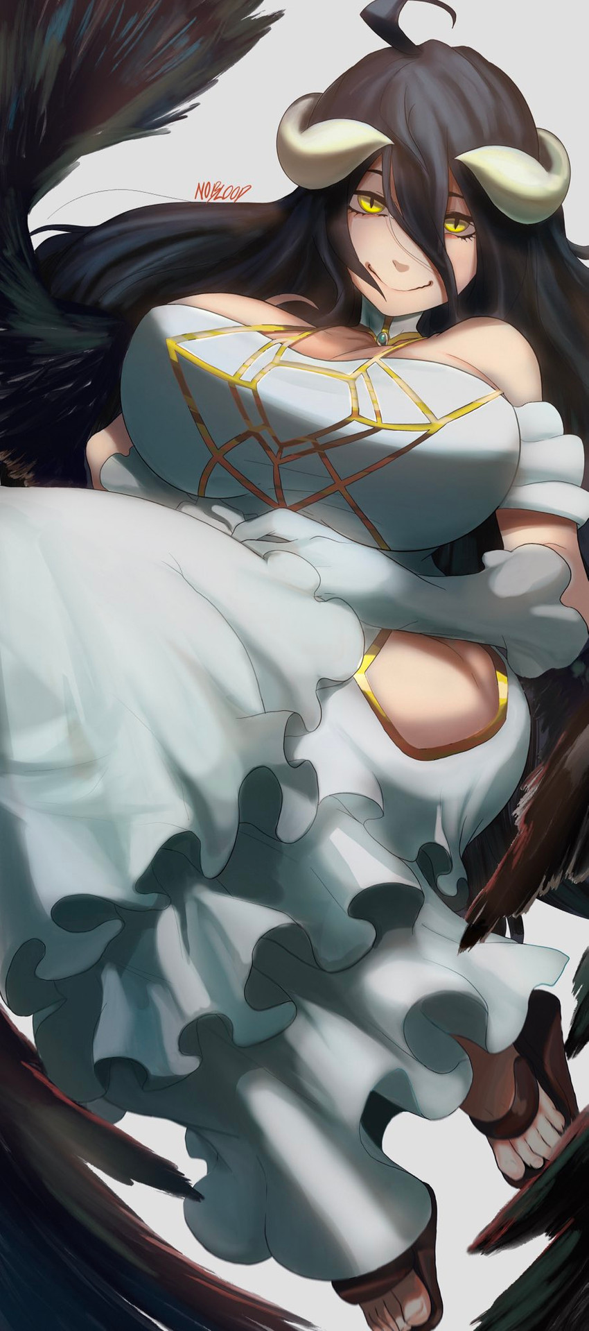 big_breasts black_hair breasts choker cleavage clothed clothing female hair halo_horns horn jewelry long_hair looking_at_viewer necklace pupils simple_background slit_pupils smile solo wings yellow_eyes noblood overlord_(series) albedo_(overlord) demon demon_humanoid horned_humanoid humanoid winged_humanoid hi_res