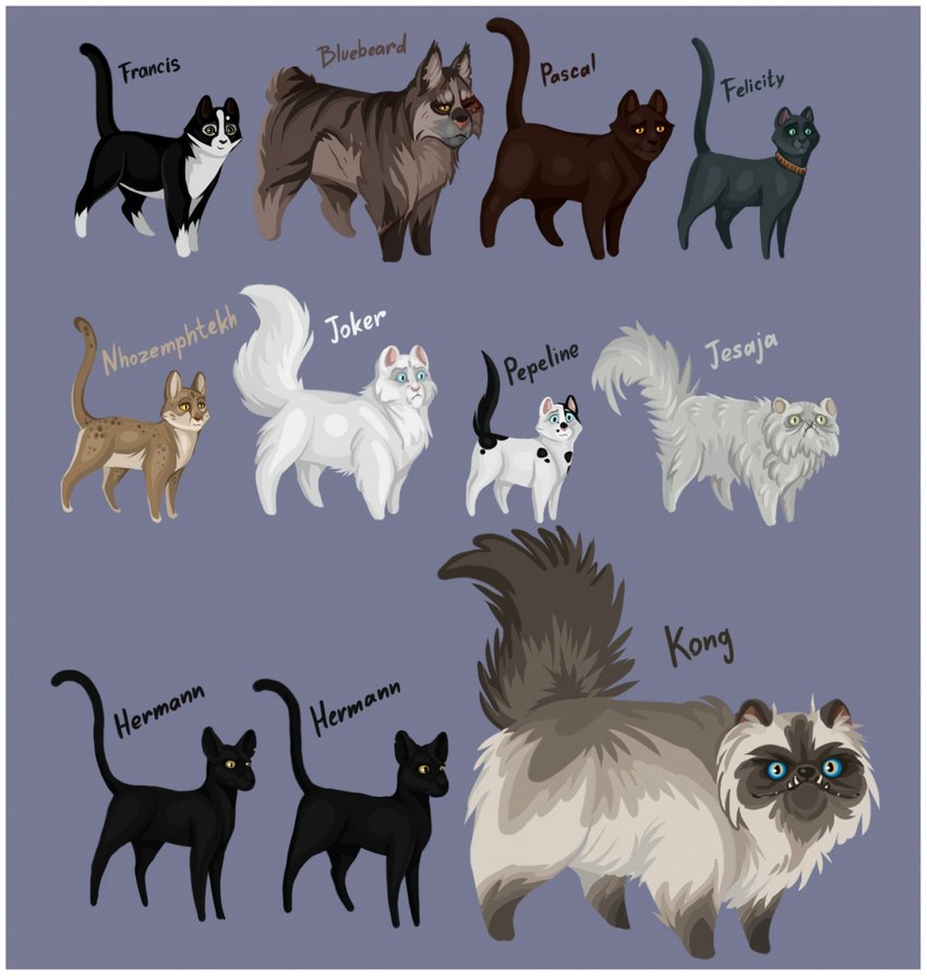 ambiguous_gender bicolor black_body black_fur blind blue_body blue_fur border brown_body brown_fur collar disability feral fluffy fur group purple_background quadruped simple_background size_difference standing striped_body striped_fur stripes teeth white_body white_border white_fur yellow_eyes fortunatafox felidae_(book_series) felidae_(film) bluebeard_(felidae) claudandus_(felidae) felicity_(felidae) francis_(felidae) hermann_twins_(felidae) jesaja_(felidae) joker_(felidae) kong_(felidae) nhozemphtekh_(felidae) pepeline_(felidae) colorpoint domestic_cat felid felidae_(felidae) feline felis havana_brown mackerel_tabby maine_coon mammal oriental_shorthair persian_cat russian_blue tabby_cat tuxedo_cat hi_res shaded brother_(lore) brothers_(lore) female_(lore) male_(lore) sibling_(lore) twins_(lore)