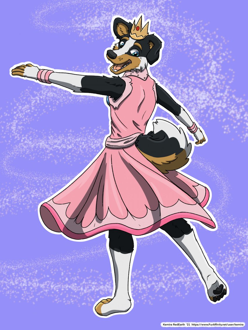 4_toes 5_fingers anthro armband armwear black_body black_fur black_pawpads blue_eyes clothing crown dancing dress feet fingers floppy_ears fur happy headgear looking_back male open_mouth pawpads pink_armband pink_armwear pink_clothing pink_dress purple_background rear_view simple_background solo standing tail tan_body tan_fur text toes twirling white_body white_fur kemira pinereese border_collie canid canine canis collie domestic_dog herding_dog mammal pastoral_dog sheepdog 2021 3:4 artist_name hi_res url