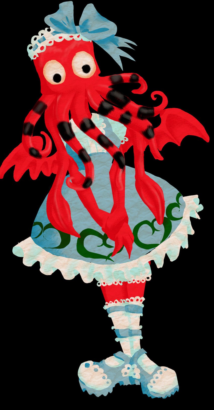 accessory alternative_fashion clothing dress face_tentacles footwear hair_accessory hair_ribbon hime_lolita j-fashion lolita_(fashion) lolita_dress ribbons simple_background socks solo tentacles cthulhu_mythos h._p._lovecraft cthulhu cephalopod coleoid marine mollusk octopodiform octopus digital_media_(artwork) full-length_portrait hi_res portrait