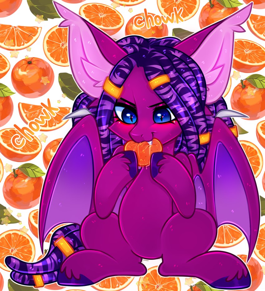 bat_wings big_ears blue_eyes blush bodily_fluids claws ear_tuft fangs female feral food fruit hooves inner_ear_fluff looking_down membrane_(anatomy) membranous_wings orange_(fruit) plant pupils purple_body saliva slit_pupils smile solo teeth tuft wing_claws wings pesty_skillengton hasbro my_little_pony bat_pony equid mammal absurd_res hi_res