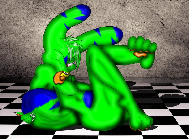 4_toes anthro blue_body blue_fur feet fur green_body green_fur hindpaw male paws red_eyes solo toes tongue akira666 moshi_monsters katsuma_(species) monster_(moshi_monsters)