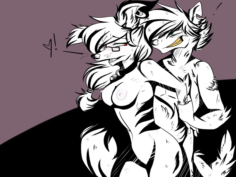 anthro anthro_on_anthro collar duo eyewear female glasses hair male piercing shutupjen jen_(shutupjen) canid canine canis domestic_dog fox mammal wolf tag_(disambiguation) 4:3 hi_res