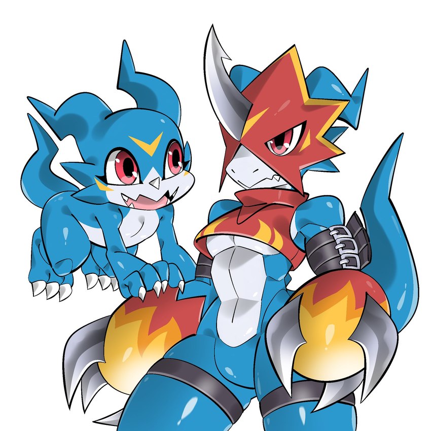 anthro armor athletic athletic_anthro athletic_male belt blue_body clothing crop_top duo headgear helmet male midriff red_eyes shirt slim topwear monodie bandai_namco digimon digimon_(species) flamedramon scalie veemon 1:1 hi_res