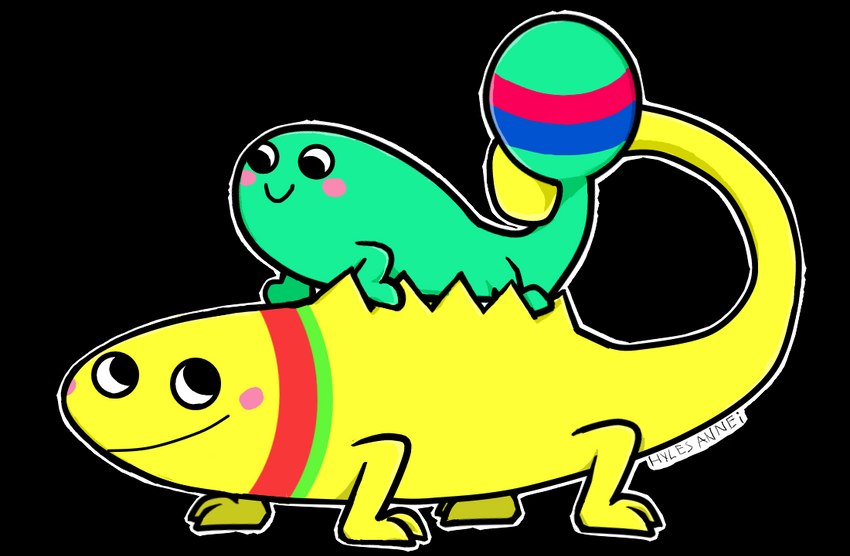 duo female feral green_body long_tail male pink_cheeks spikes spikes_(anatomy) stripes tail yellow_body hylesannei nintendo rhythm_heaven guiro_lizards_(rhythm_heaven) lizard reptile scalie alpha_channel