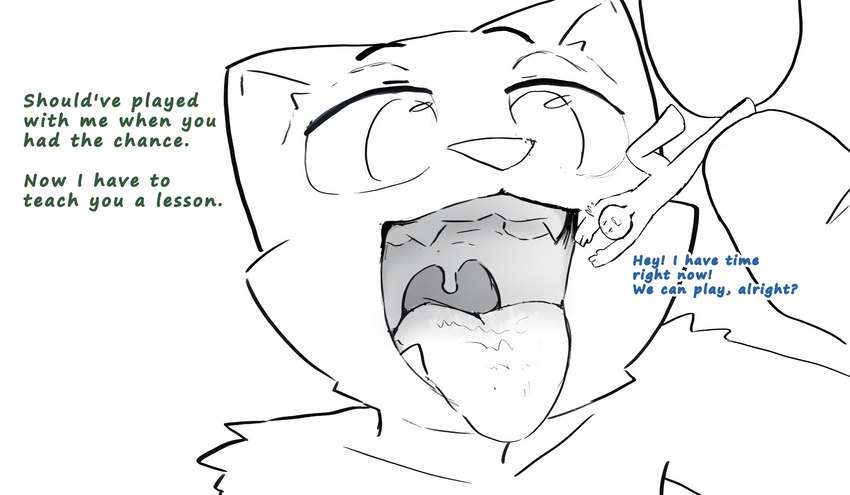 anthro anthro_pred duo extreme_size_difference female female_pred fur gaping_mouth holding_character imminent_oral_vore imminent_vore larger_pred looking_at_another looking_at_prey macro male male/female micro mouth_shot open_mouth oral_vore size_difference smaller_prey text uvula vore k_o_tsitraeht tom_(zoeandtom) zoe_(zoeandtom) domestic_cat felid feline felis humanoid mammal absurd_res digital_media_(artwork) english_text hi_res