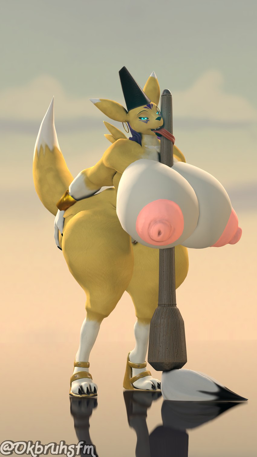 anthro big_breasts big_butt breasts brush butt clothing female footwear genitals high_heels huge_breasts huge_butt hyper hyper_breasts jewelry nipples pussy shoes solo thick_thighs tongue ok_bruh bandai_namco digimon warfare_machine warfare_taomon canid digimon_(species) mammal taomon 3d_(artwork) 9:16 digital_media_(artwork) hi_res